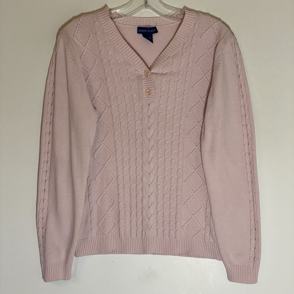 Karen Scott Sweater Womens Medium Baby Pink Cable Knit V Neck Pullover Y2K 90s M